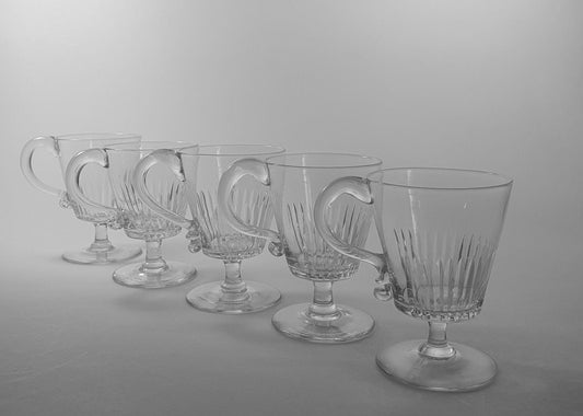 Victorian Blaze Cut Crystal Glass Custard Cups with Handles. Set of 5