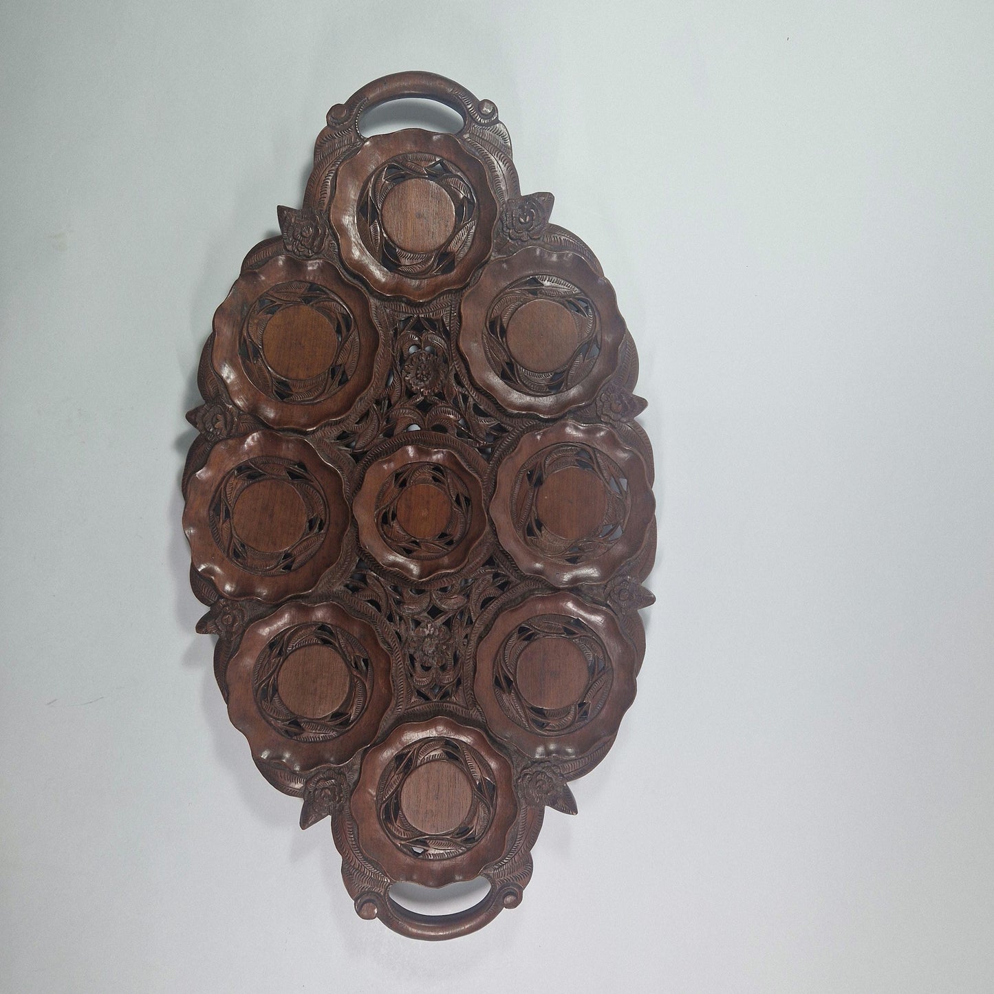 Vintage Carved Teak Wood Cup Tray: Indian British Raj Design