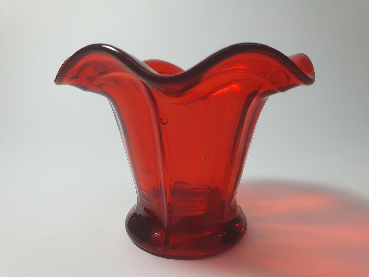 Mid Century Ruby Glass Posy Vase with Frill Rim.  c1960s
