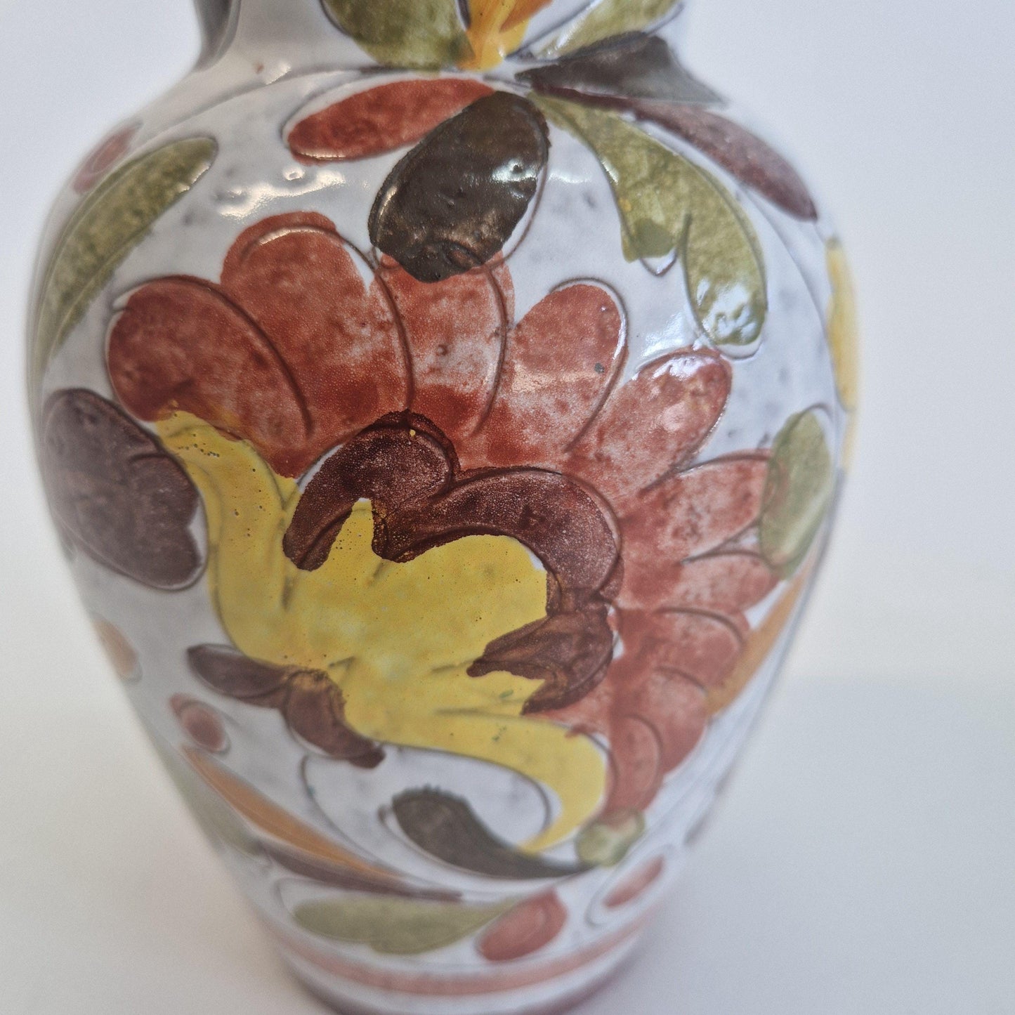 Mid Century Italian Vase, with Hand Painted Flowers and Leaves in Earth Tones.  c1960s