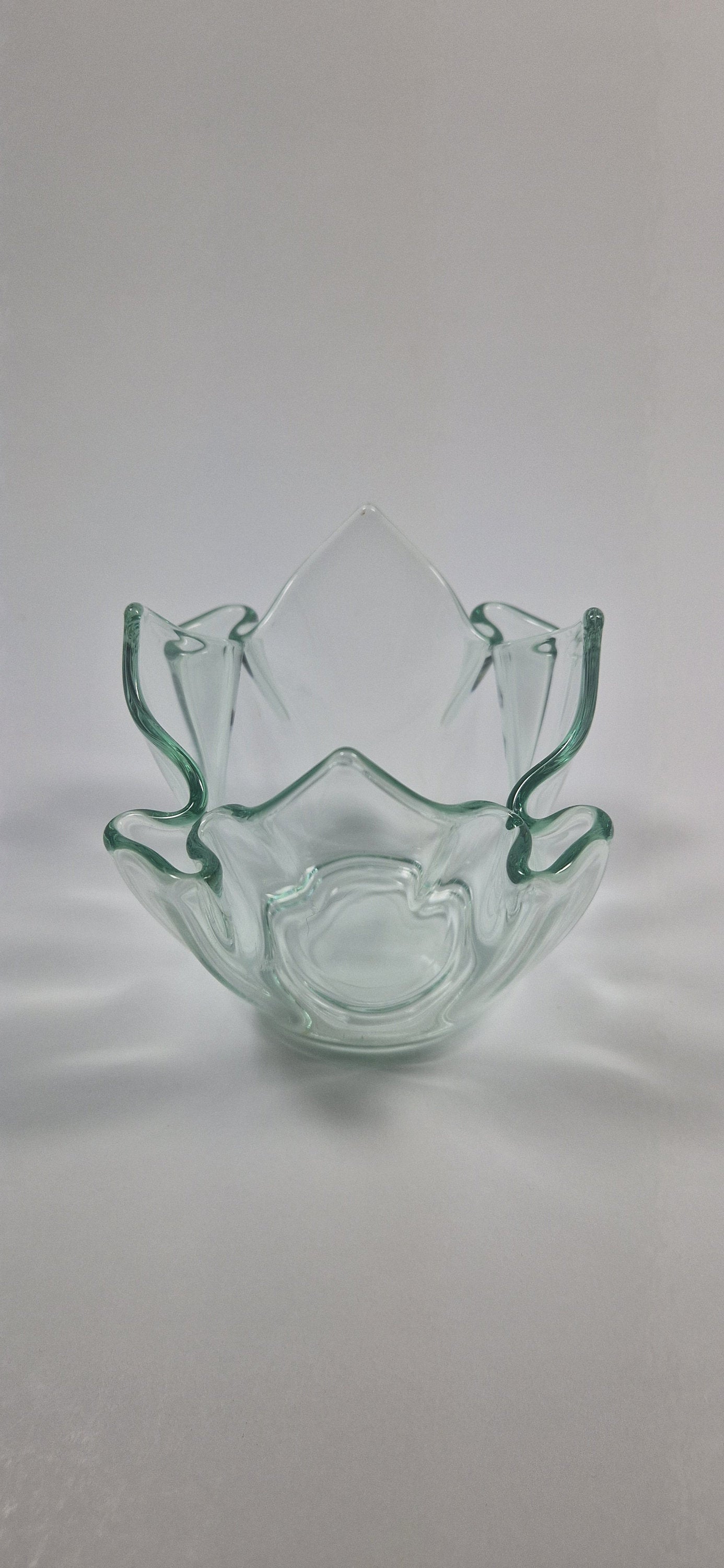 Green Tinted Art Glass Posy Vase: Bud Pockets, Votive Candle Holder, c1970s