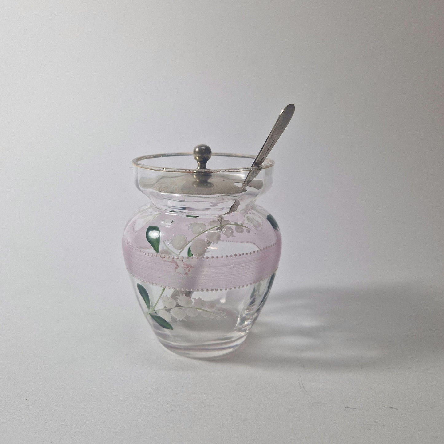 Vintage Lily of the Valley Glass Jam Jar with Silver Lid & Spoon