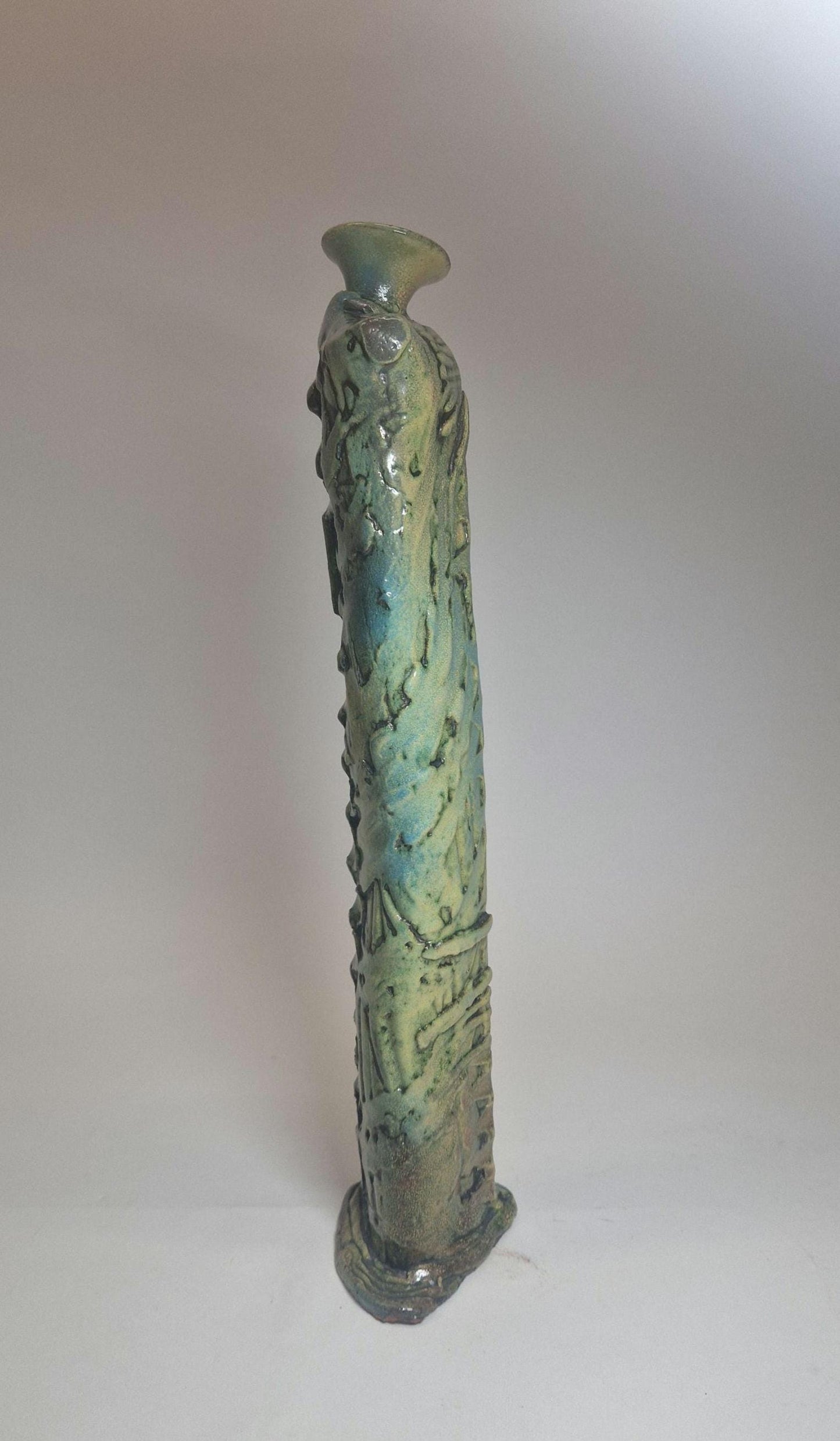 Handcrafted Brutalist Art Vase: Turquoise & Brown Earthenware