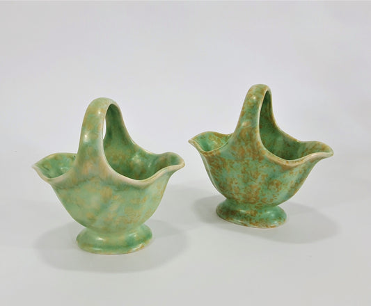 Vintage Wade Heath Posy Baskets: Green Flaxman Pottery Pair, c1939