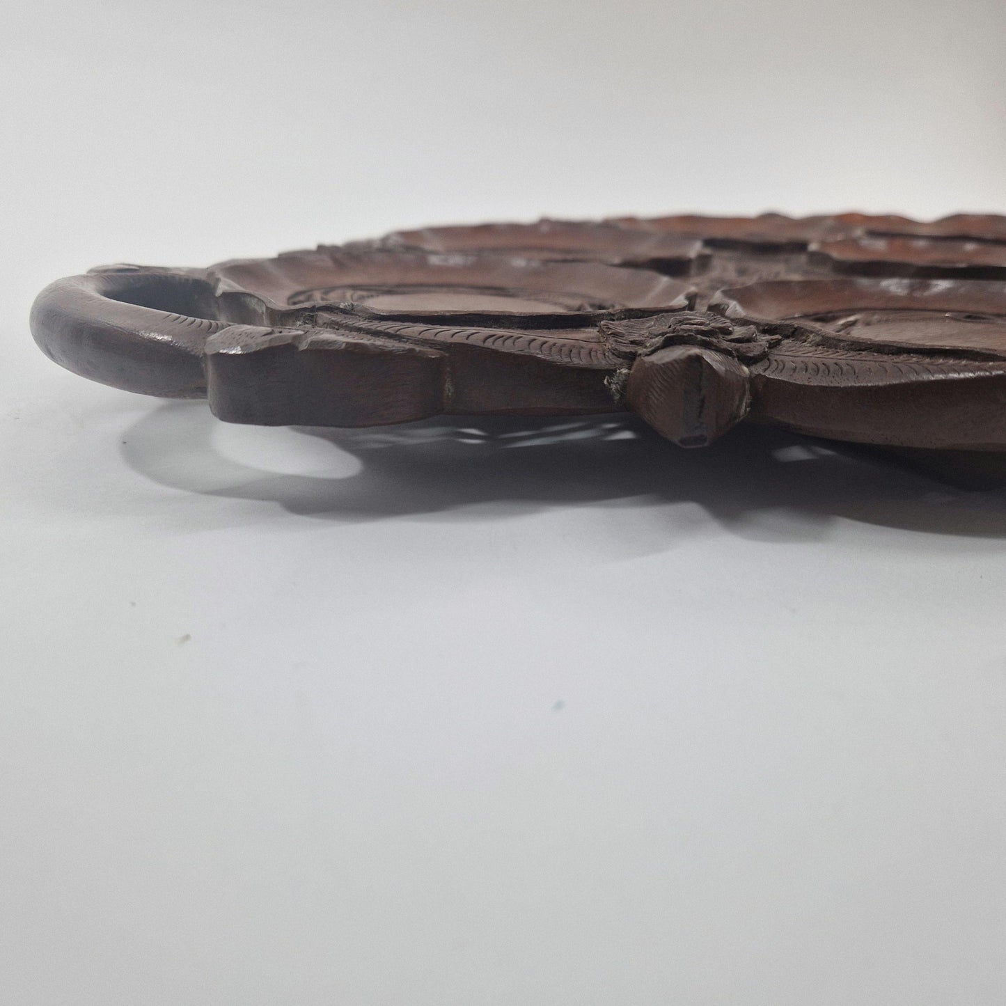 Vintage Carved Teak Wood Cup Tray: Indian British Raj Design