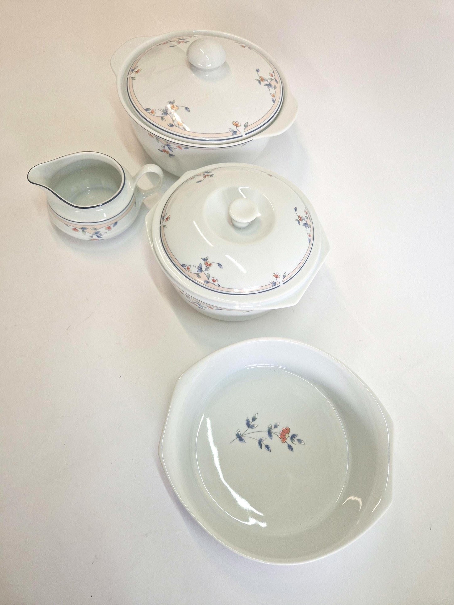 Vintage Princess House Porcelain Serving Set: Melody Tureens, Pie Dish, Gravy Boat