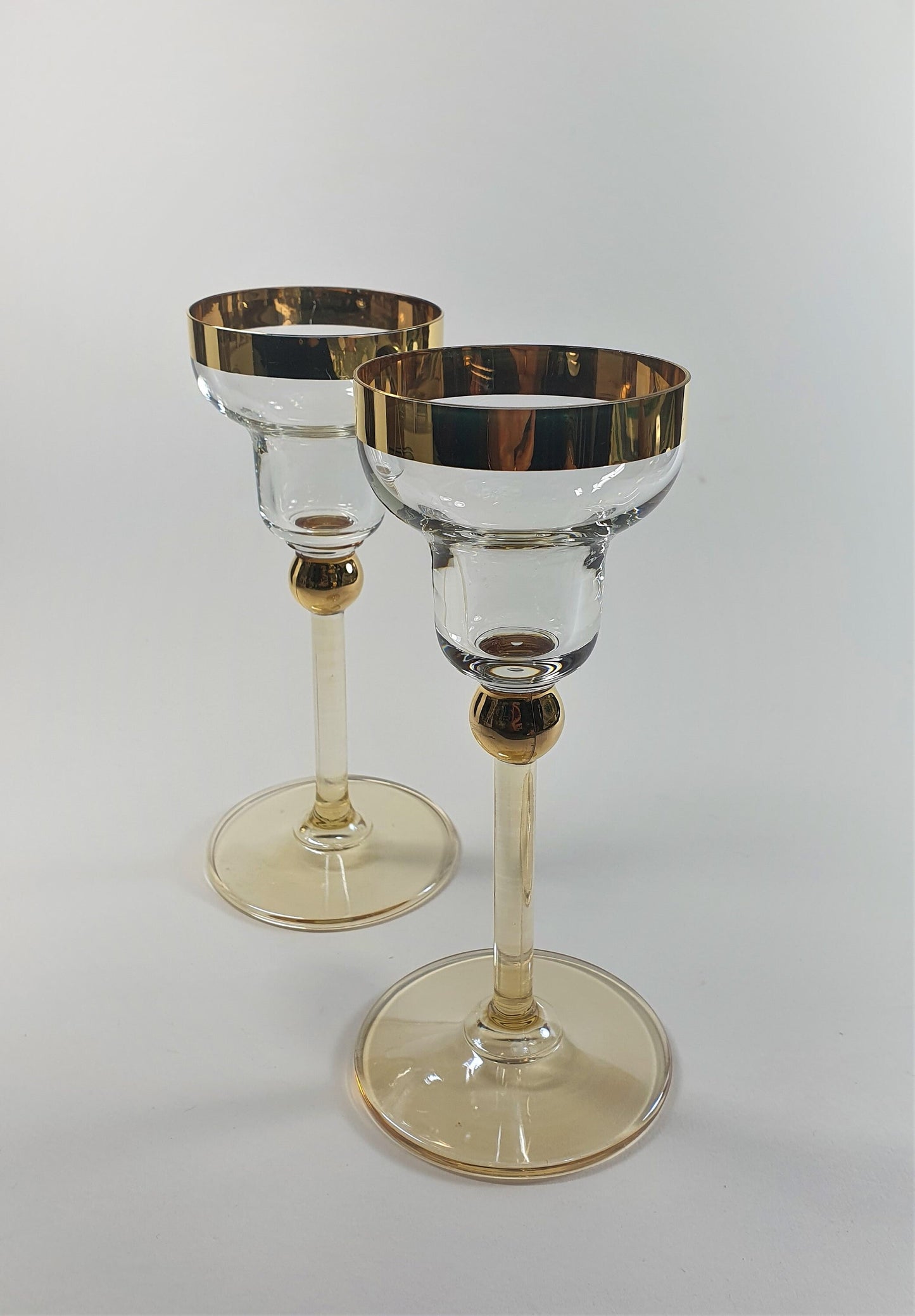 Vintage Glass Candle Holders: Margarita Style with Gold Rim, Pair