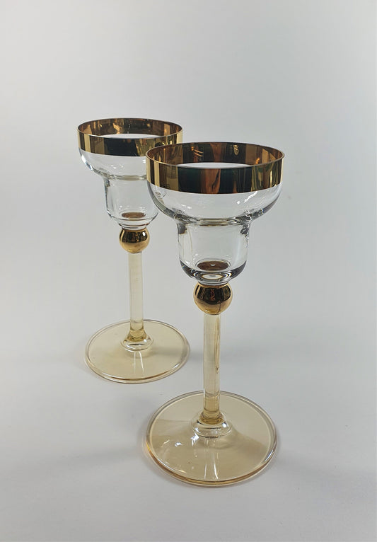 Vintage Glass Candle Holders: Margarita Style with Gold Rim, Pair
