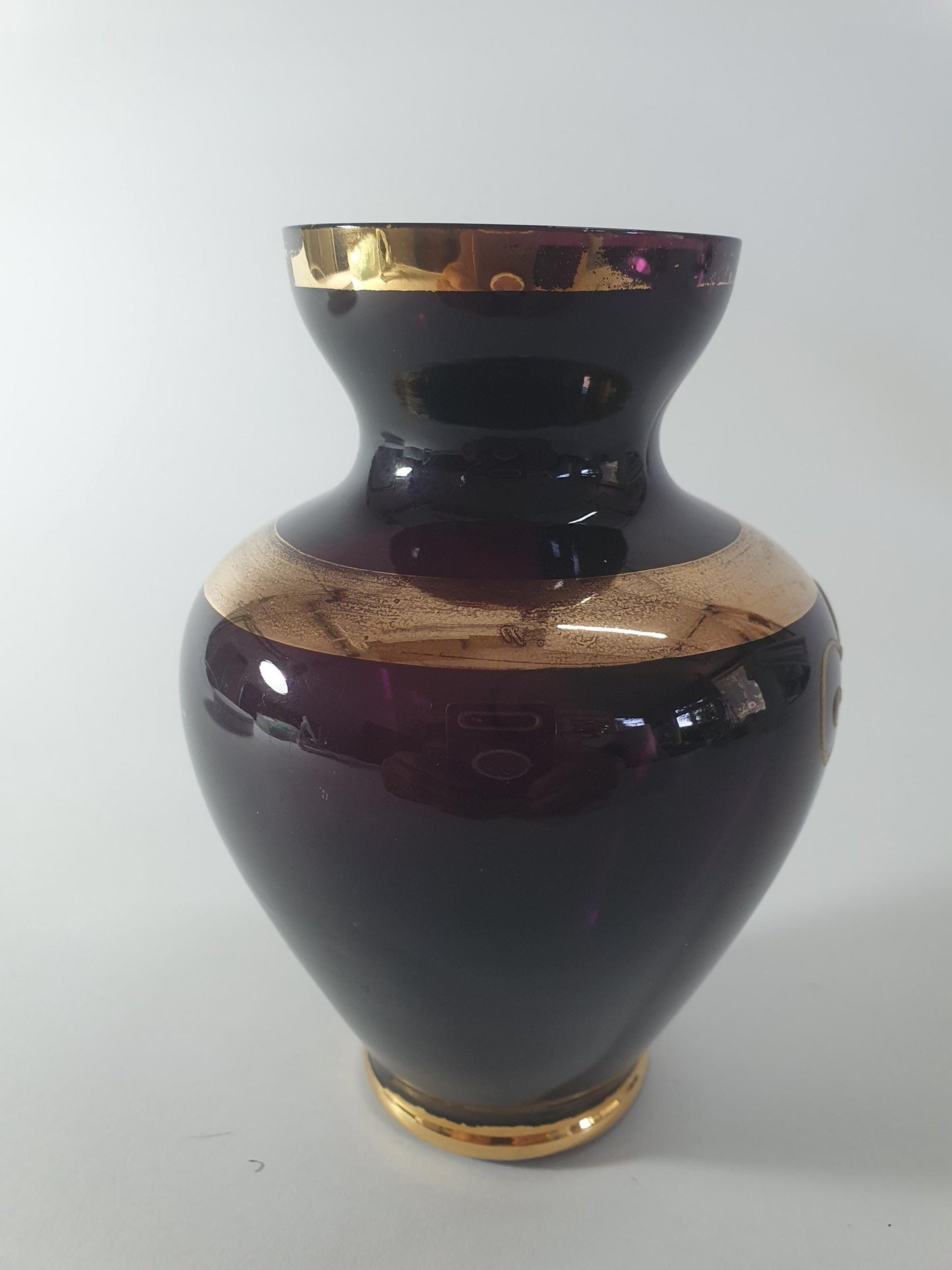 Vintage Bohemian Amethyst Glass Posy Vase with Gold Gilt and Enamelled Flowers. Mid Century