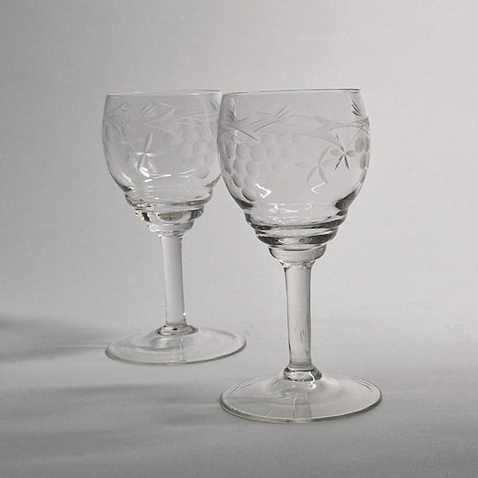 Pair of Vintage Grapes and Leaves etched Wine Glasses.  Late 20th Century.