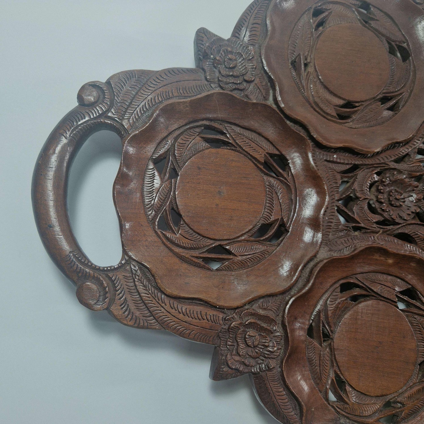 Vintage Carved Teak Wood Cup Tray: Indian British Raj Design