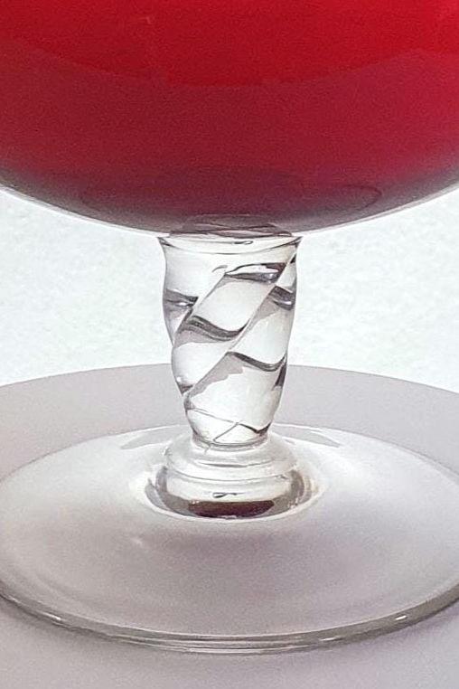 Oversized Red Brandy Snifter Glass with Clear Twisted Stem and Base. c1960s