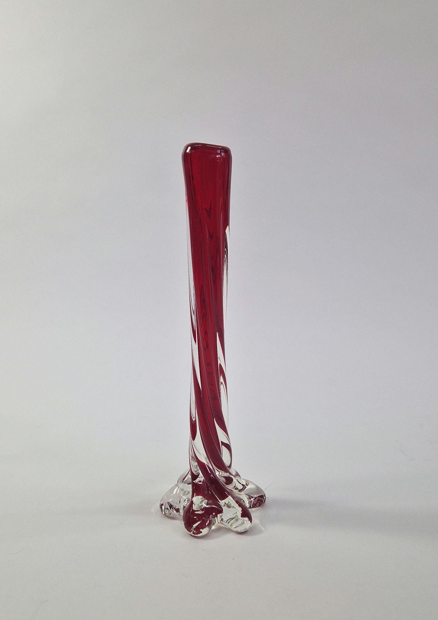 Vintage Solifleur Glass Vase. Twisted Stretch Cased Glass with Elephant Foot. Mid Century Modern.