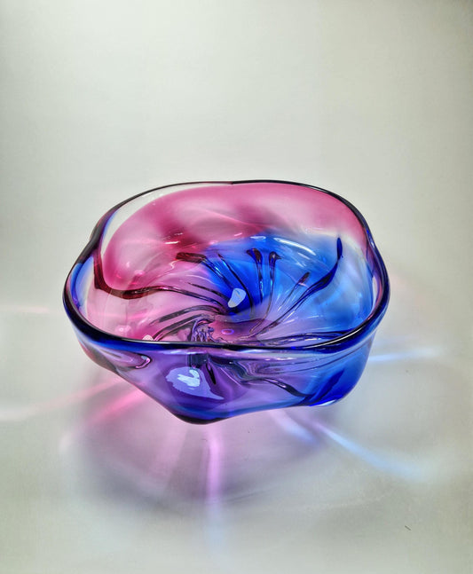 1960s  Magenta and Blue Murano Art Glass Fruit Bowl