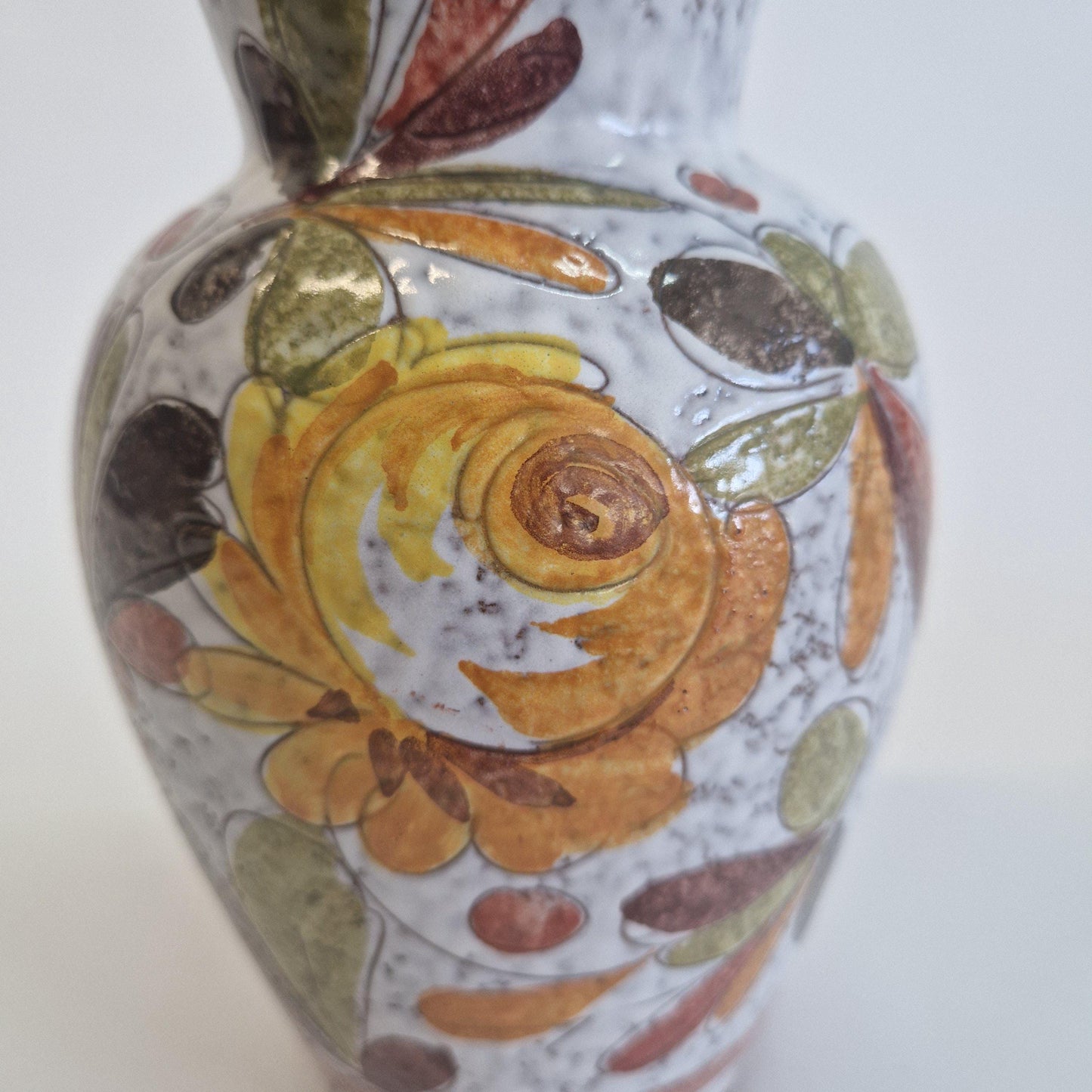 Mid Century Italian Vase, with Hand Painted Flowers and Leaves in Earth Tones.  c1960s