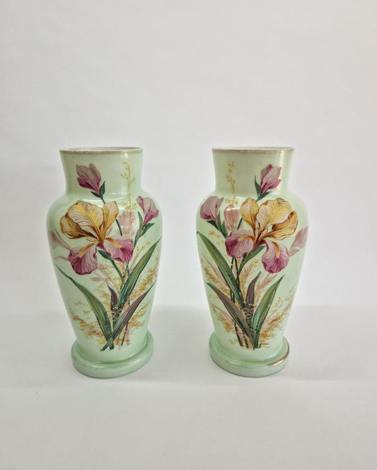 Victorian Opaline Glass Vases: Hand-Painted Floral Decor, 1800s