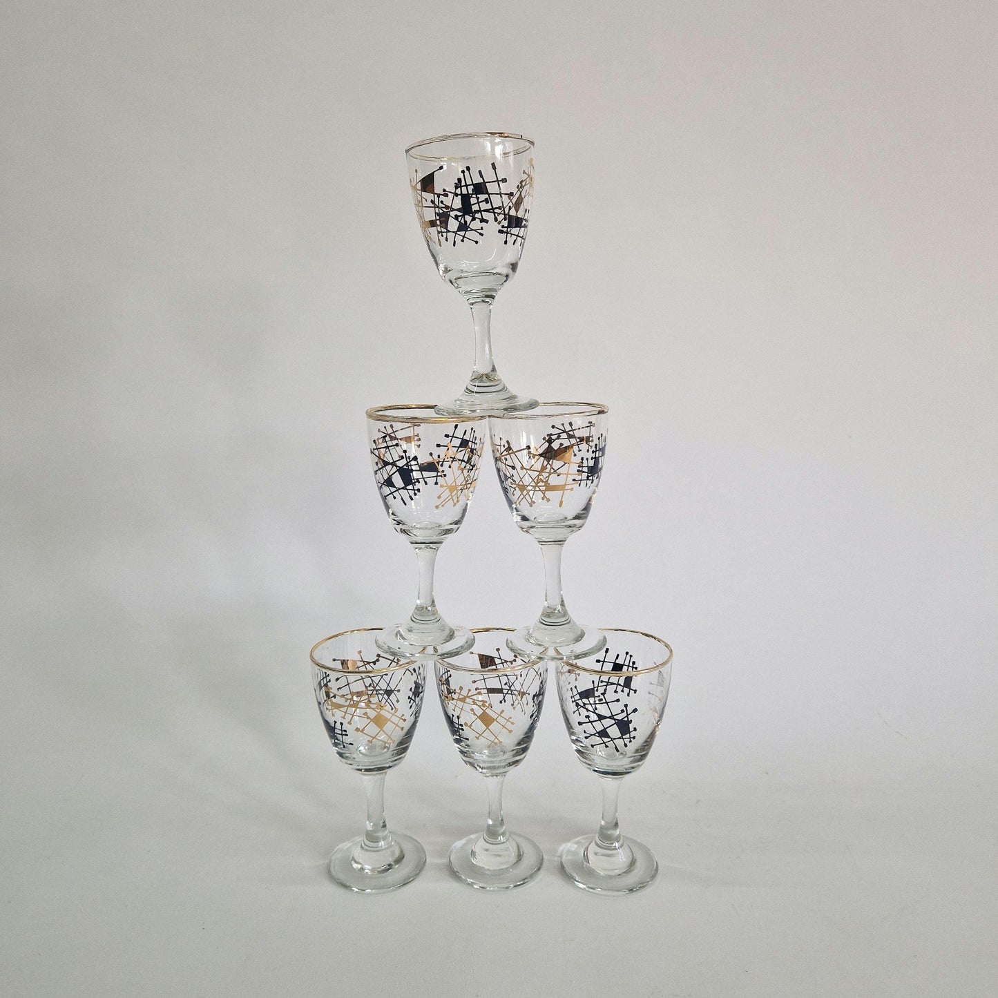 Vintage Set of 6, Atomic Gold and Black Wine Glasses. c1950-60s