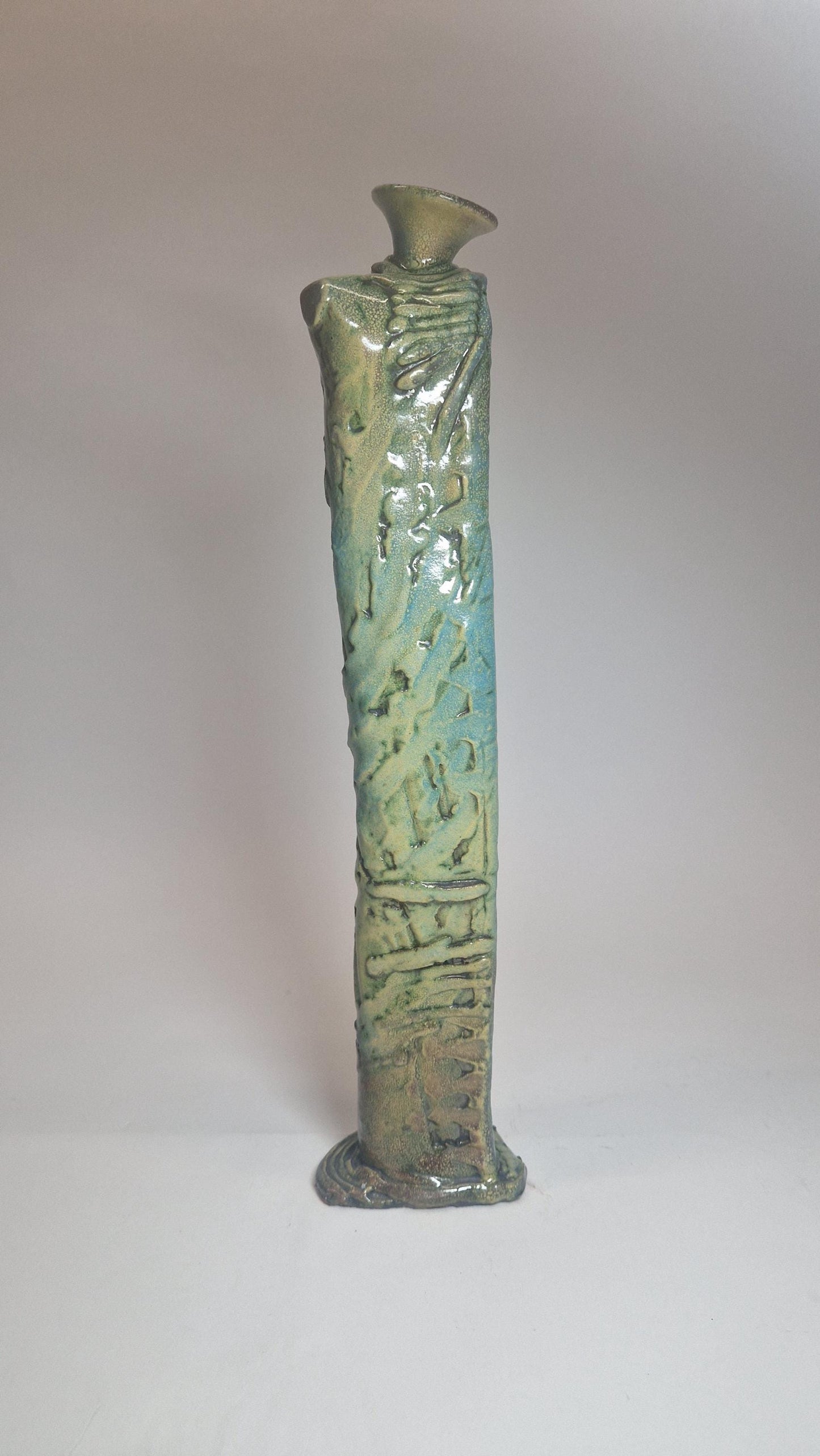 Handcrafted Brutalist Art Vase: Turquoise & Brown Earthenware