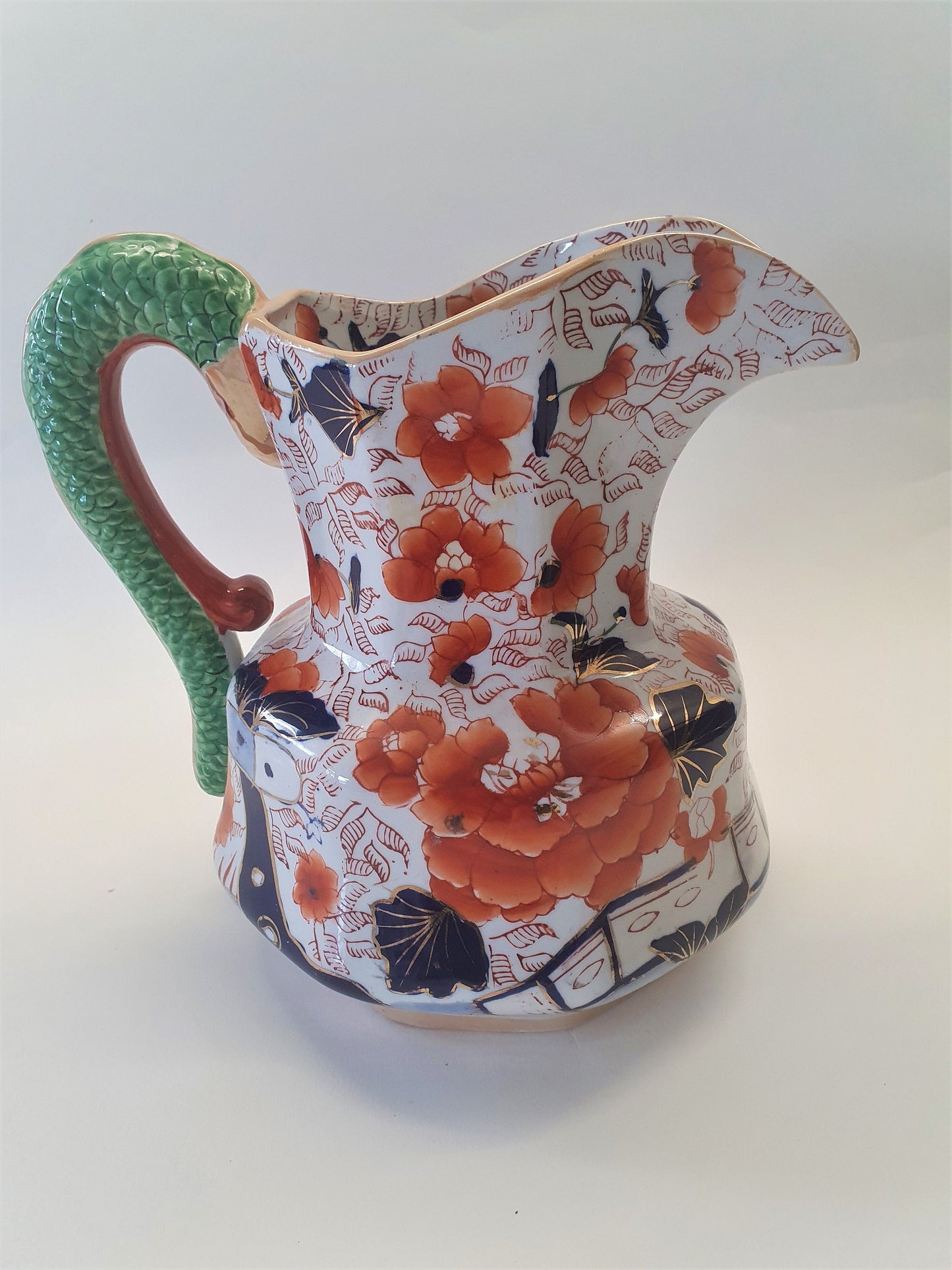 Reproduction Snake Handle Mason Jug: Orange Floral Display Vase