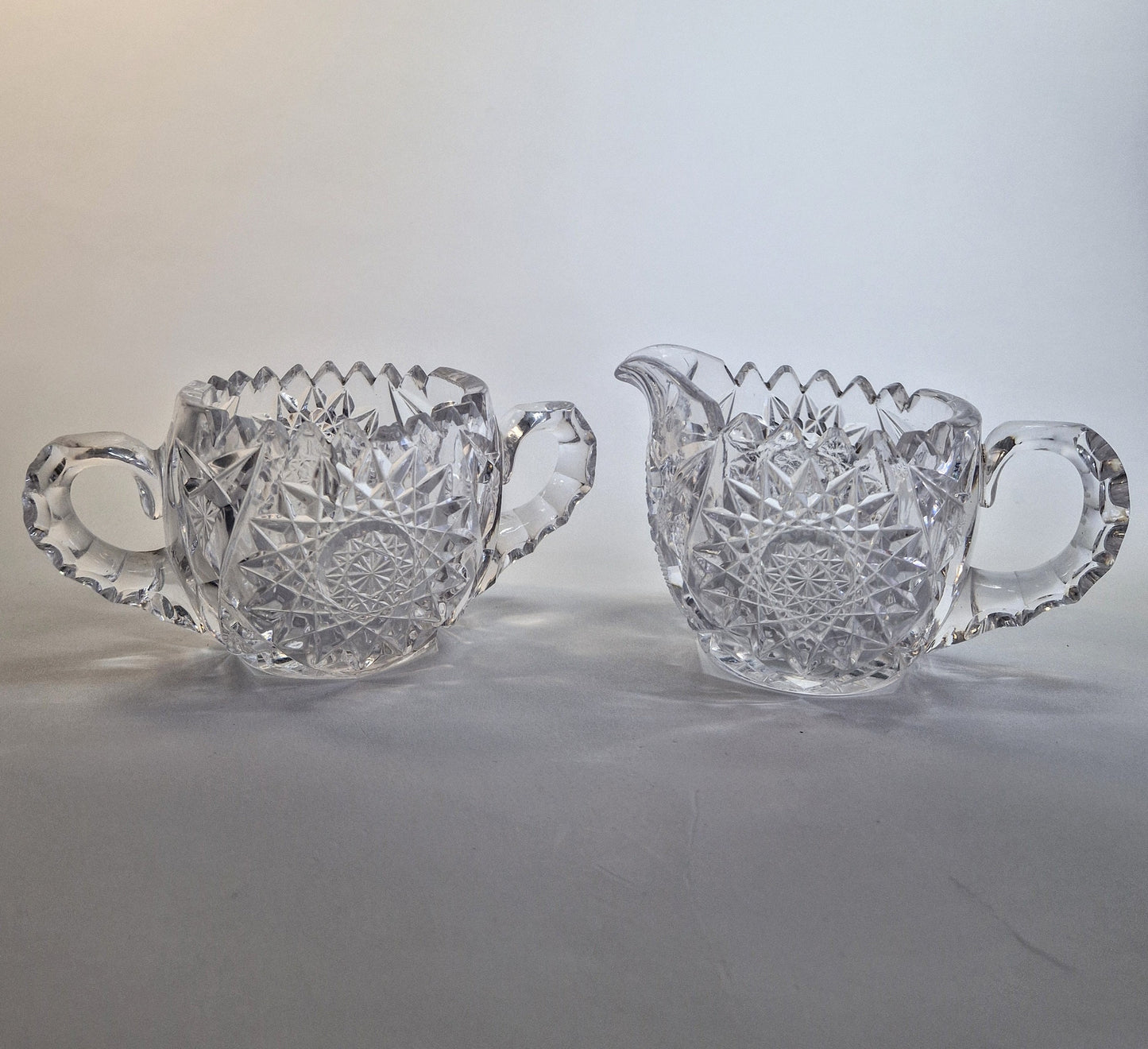 Vintage Hobstar Crystal Glass Sugar Bowl and Creamer. c1900-1920s