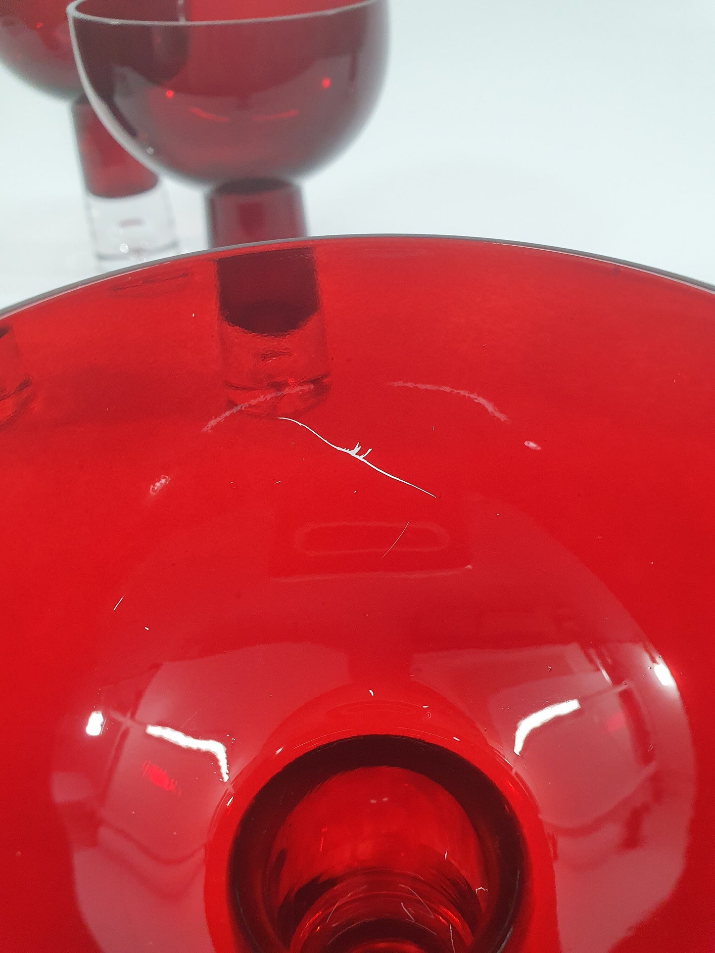 Vintage Krosno Red Art Glass Stemmed Candle Holder with Bubble Base, c1980s