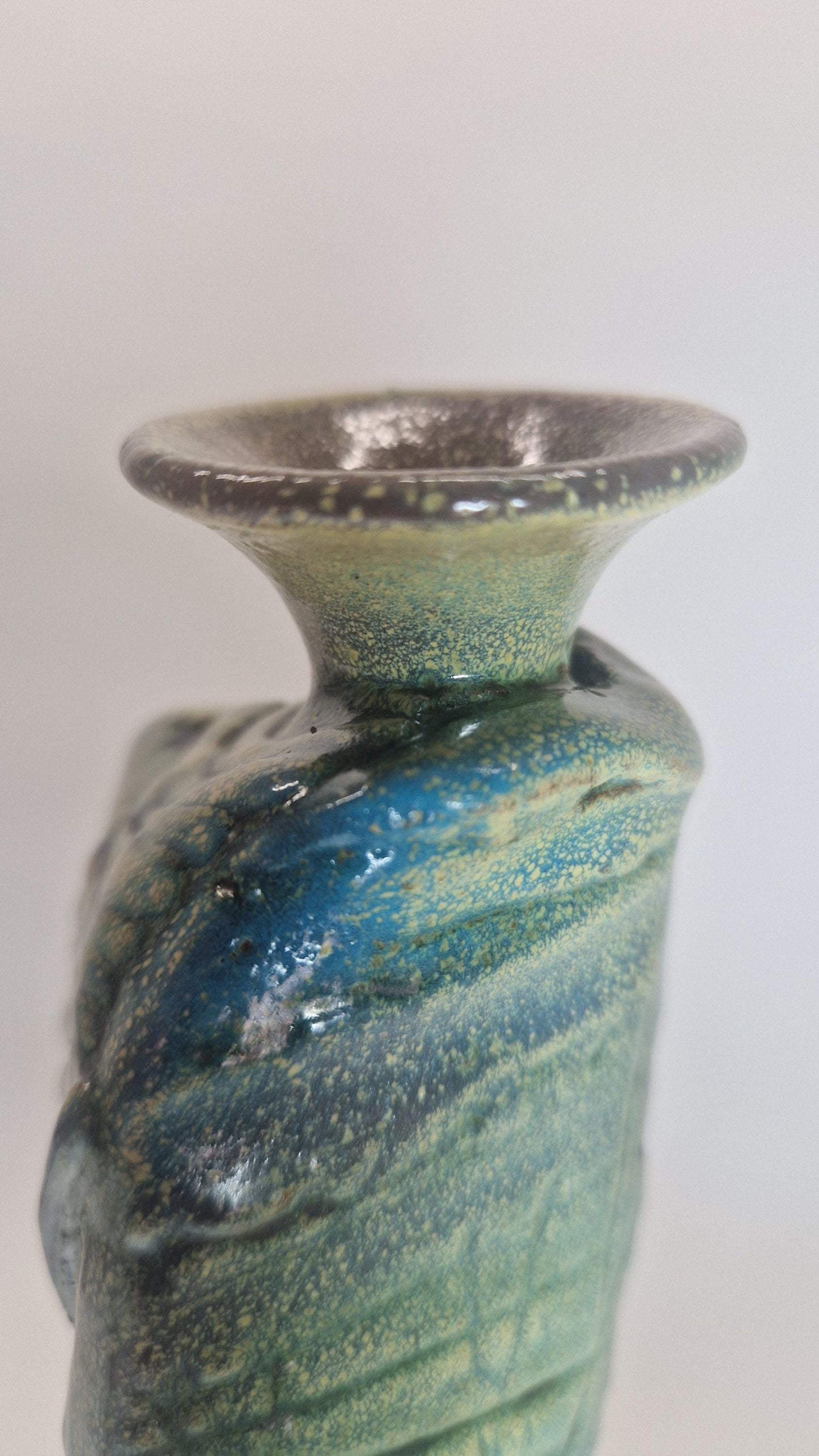 Handcrafted Brutalist Art Vase: Turquoise & Brown Earthenware