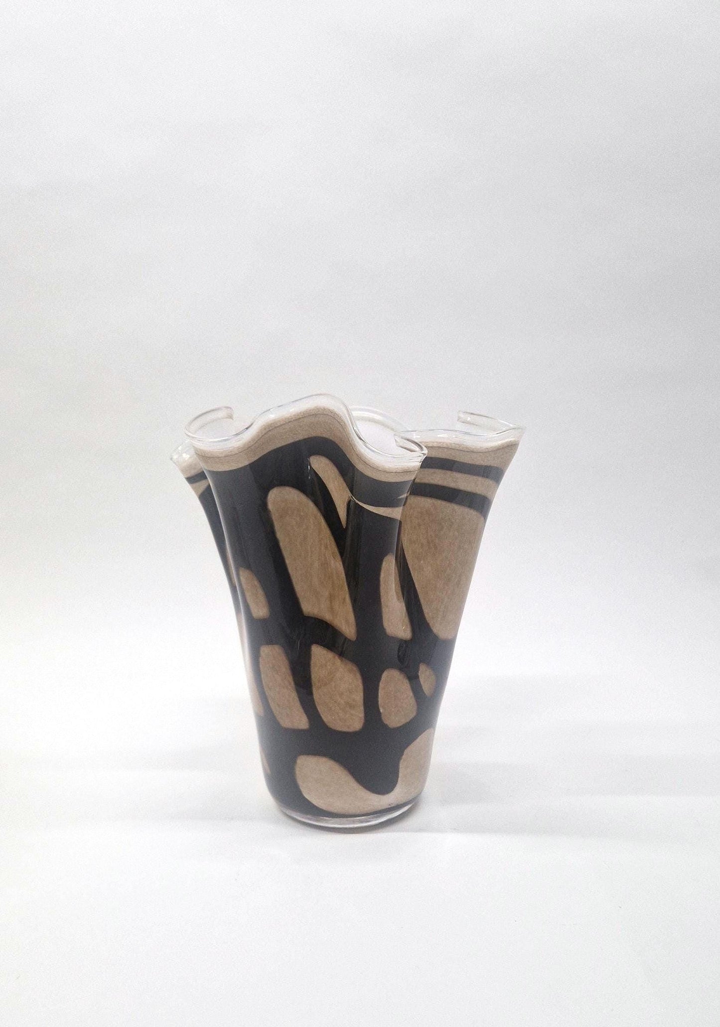 Vintage Krosno crystal glass vase with an elegant handkerchief shape, featuring beige glass, brown decorative lines, a clear rim, and a translucent white interior.