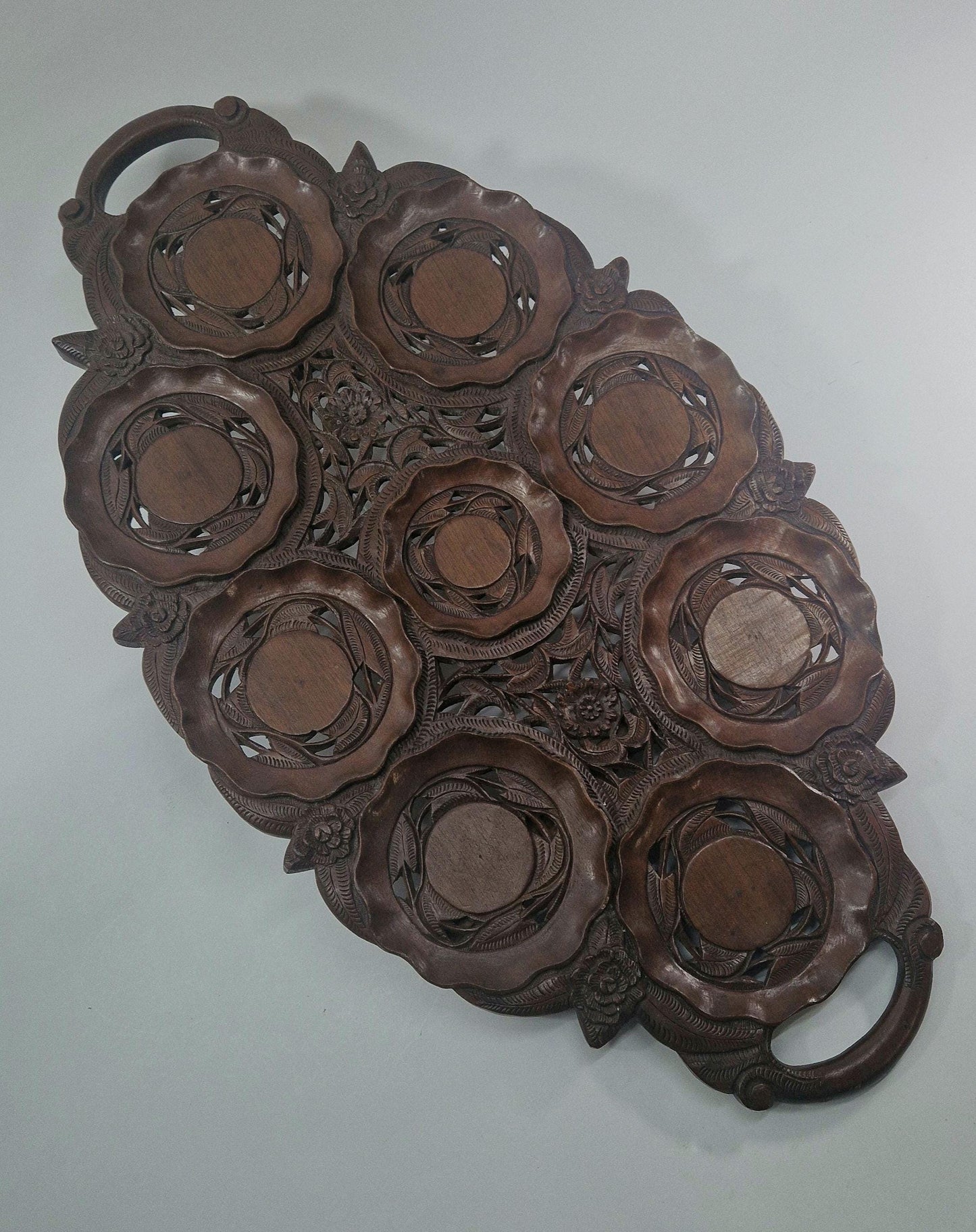 Vintage Carved Teak Wood Cup Tray: Indian British Raj Design