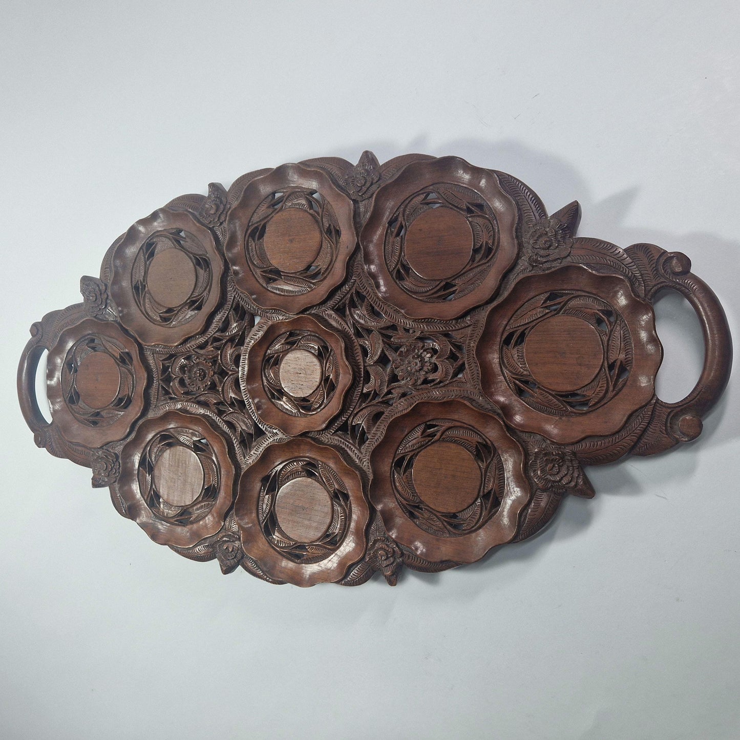 Vintage Carved Teak Wood Cup Tray: Indian British Raj Design