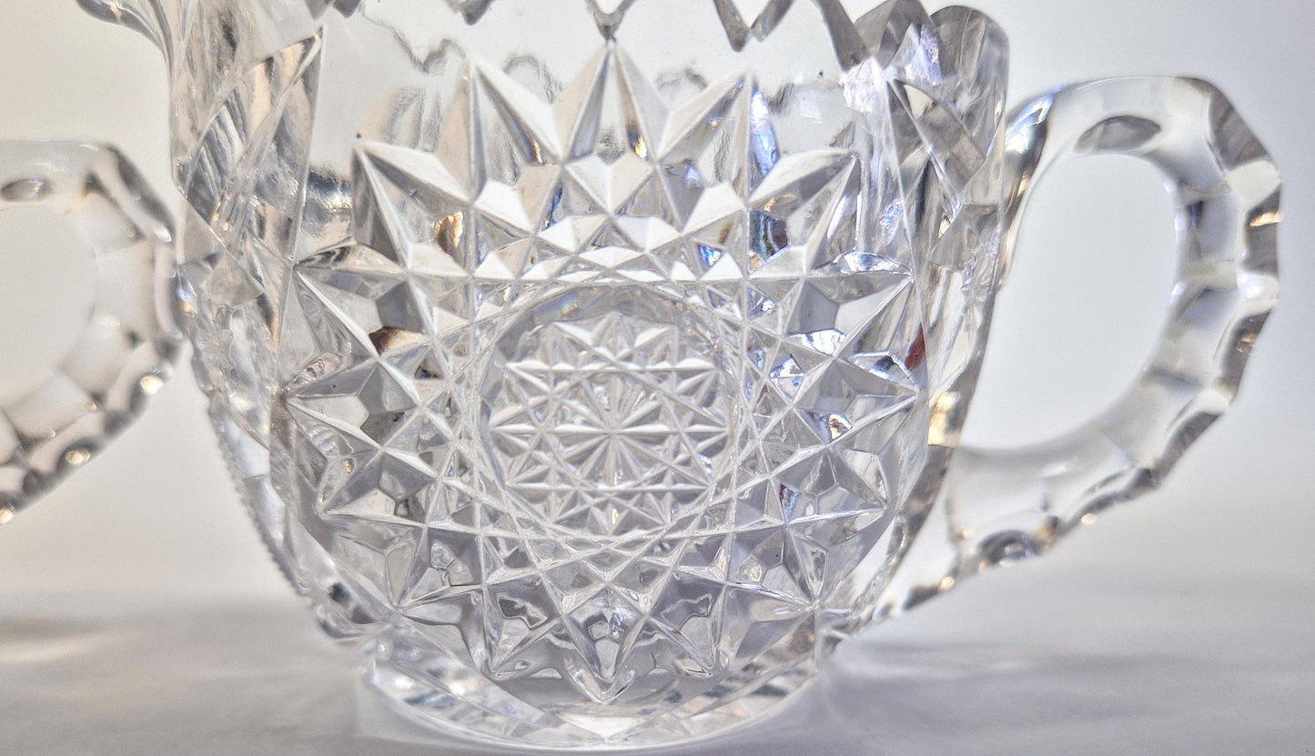 Vintage Hobstar Crystal Glass Sugar Bowl and Creamer. c1900-1920s