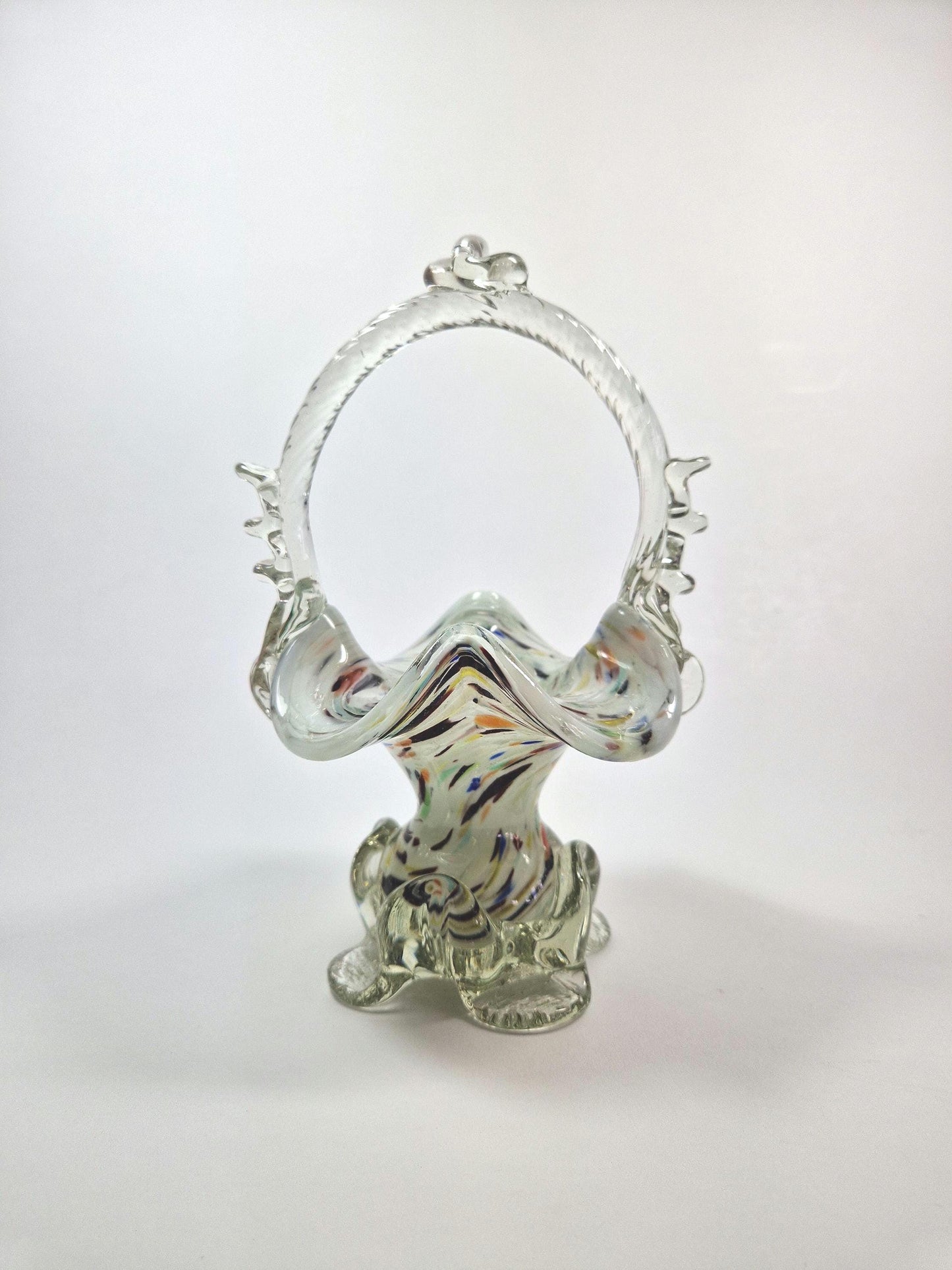 Vintage Victorian Style Romanian Glass Basket with Handle. Spattered Design , Posy Vase. c1960s