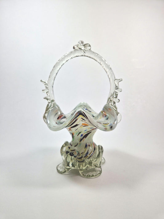 Vintage Victorian Style Romanian Glass Basket with Handle. Spattered Design , Posy Vase. c1960s
