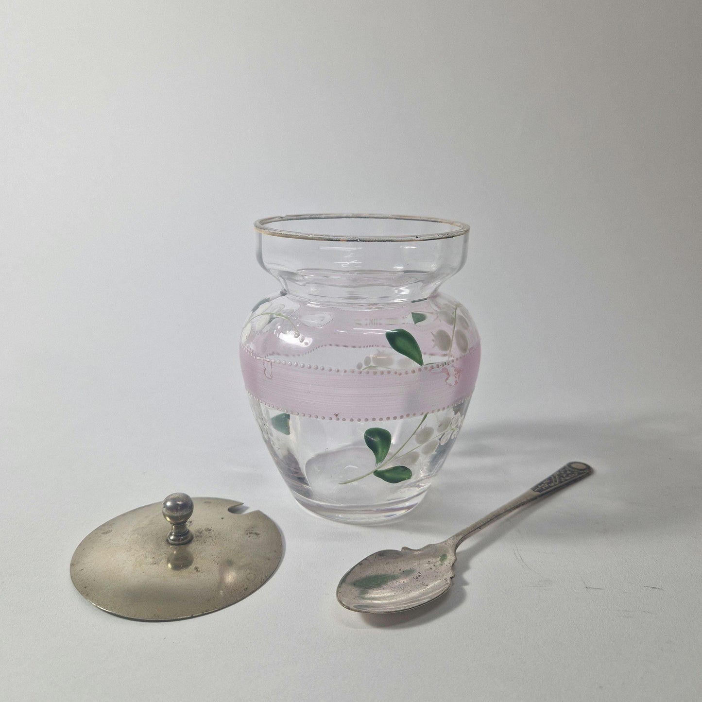 Vintage Lily of the Valley Glass Jam Jar with Silver Lid & Spoon