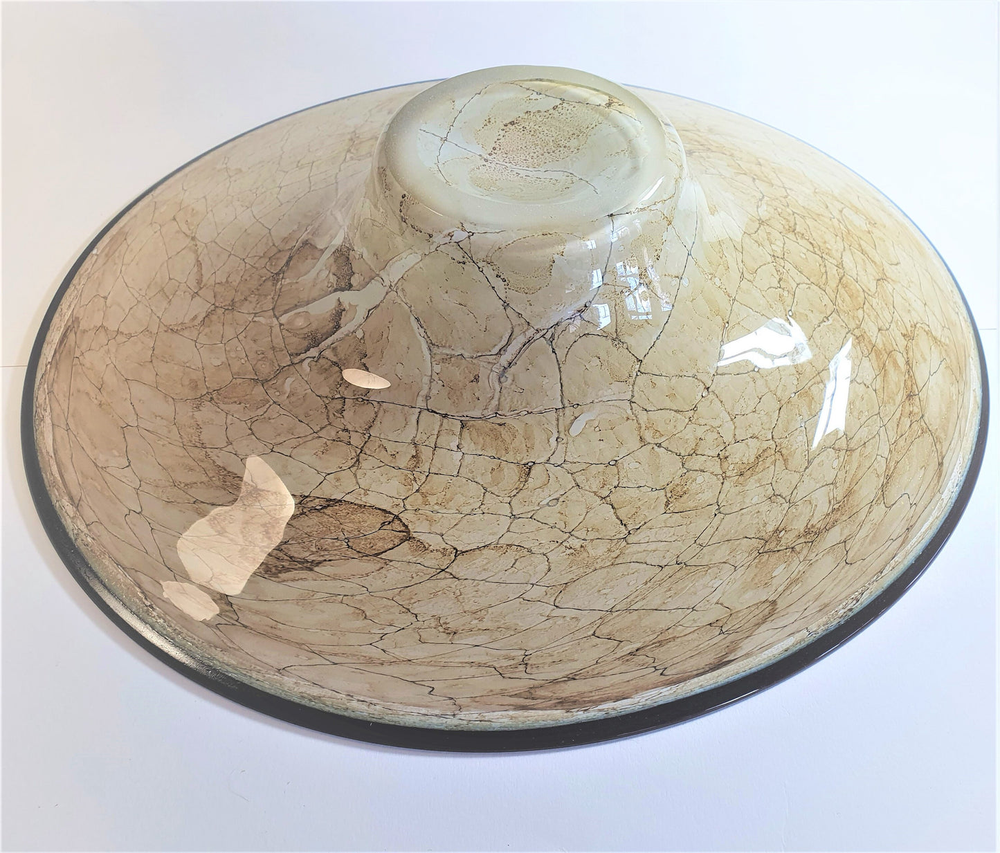 Rare Contemporary Krosno Glass, Marbleised Brown and Cream Flat Bowl by Jozef Jankowski c1980