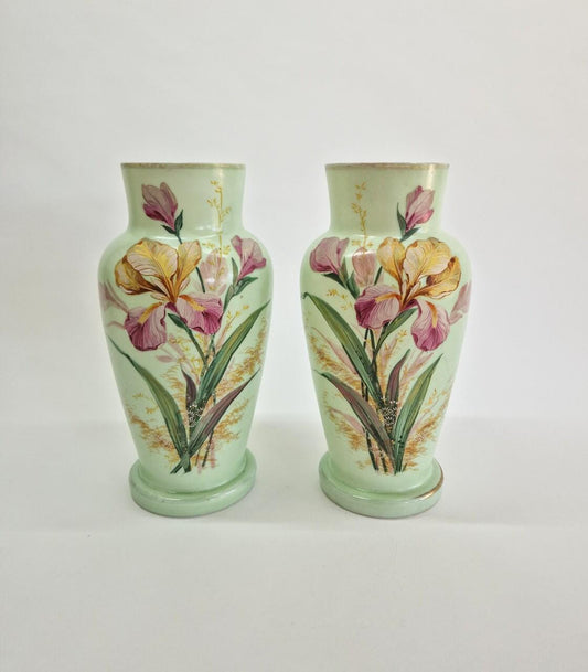 Victorian Opaline Glass Vases: Hand-Painted Floral Decor, 1800s