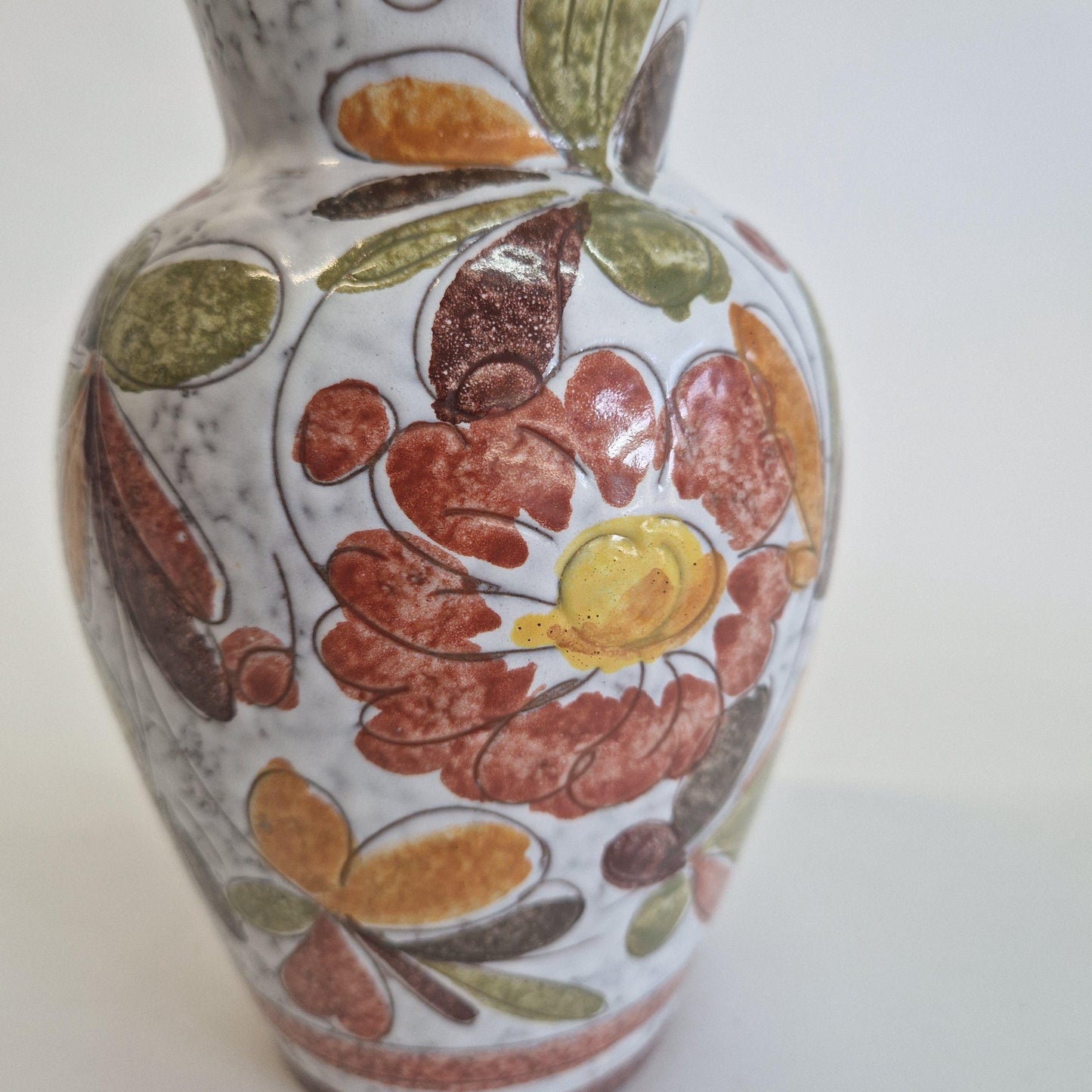 Mid Century Italian Vase, with Hand Painted Flowers and Leaves in Earth Tones.  c1960s