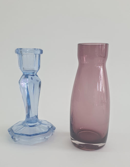 Vintage Purple Glass Vase & Blue Candlestick Set: 1930s-1970s Decor