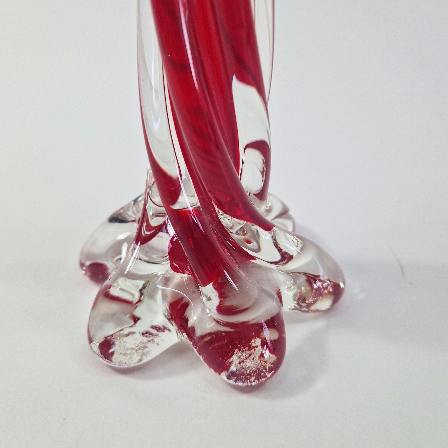 Vintage Solifleur Glass Vase. Twisted Stretch Cased Glass with Elephant Foot. Mid Century Modern.