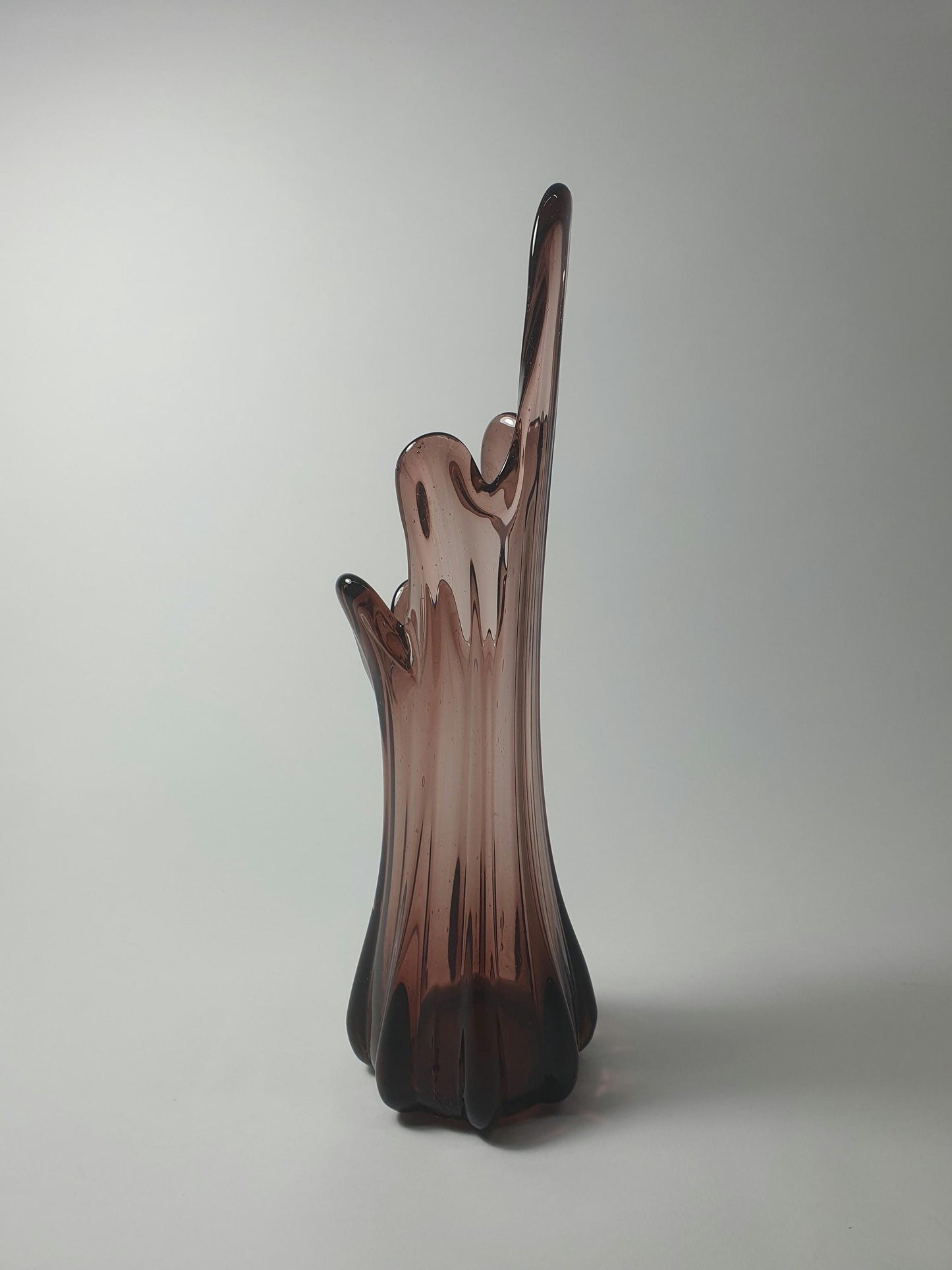 Mid Century Smoky Amber Glass Vase: 5 Finger Swung Posy, 1970s