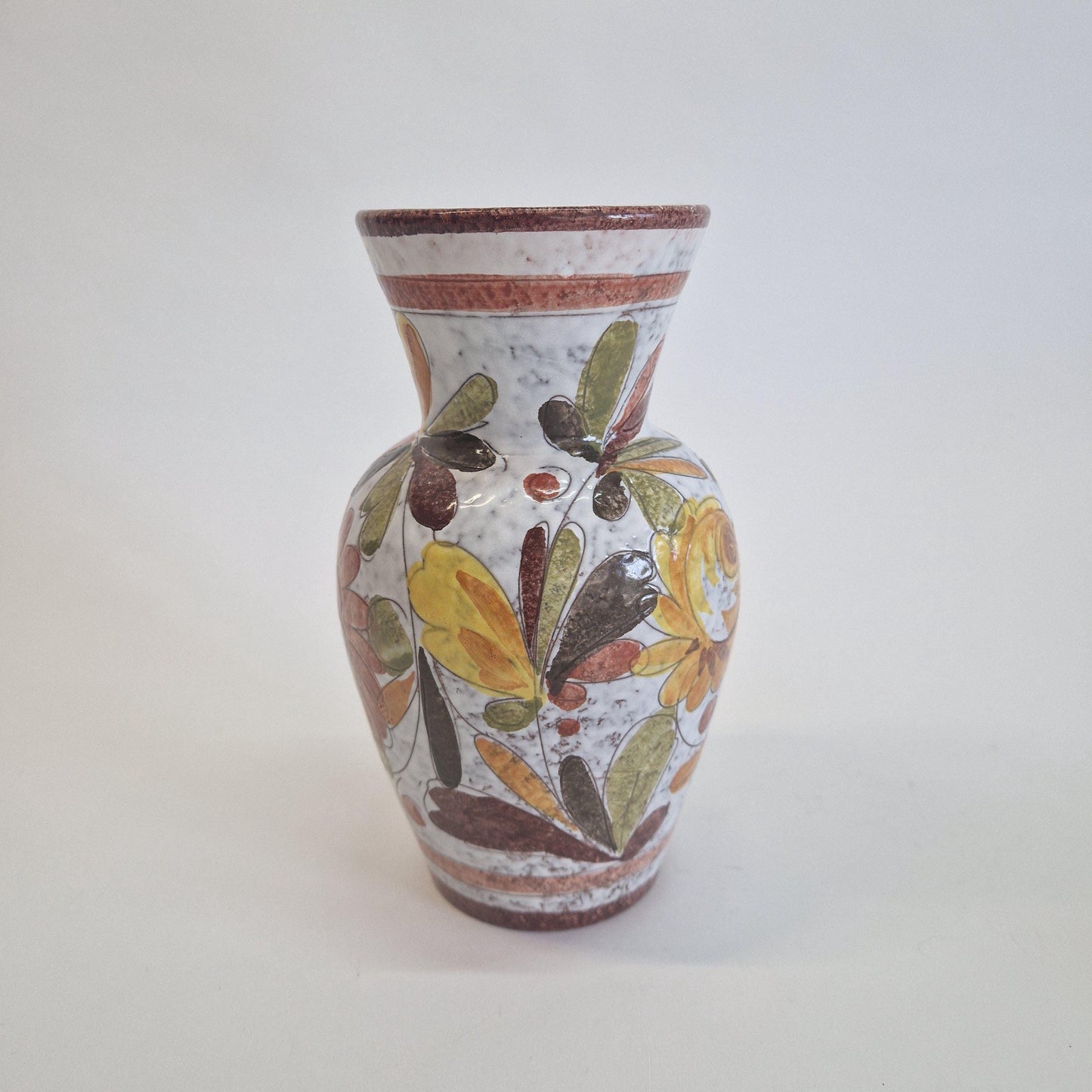Mid Century Italian Vase, with Hand Painted Flowers and Leaves in Earth Tones.  c1960s