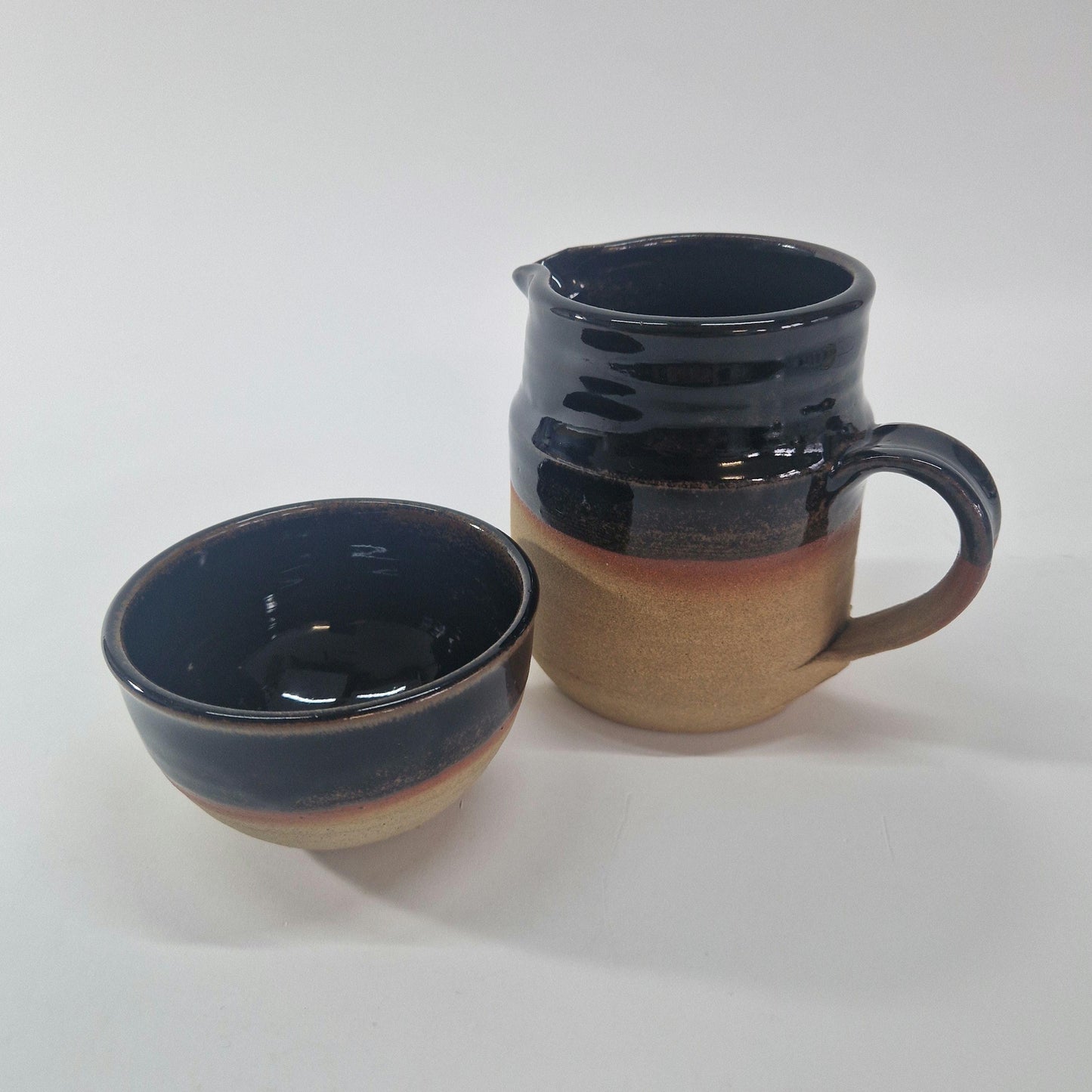 Vintage Rustic Milk Jug and Sugar Bowl. Hand Thrown and Rockingham Glaze. Mid Century