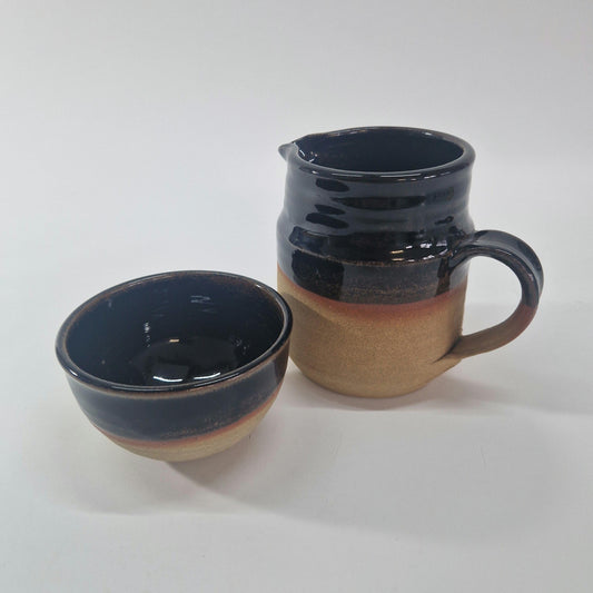 Vintage Rustic Milk Jug and Sugar Bowl. Hand Thrown and Rockingham Glaze. Mid Century