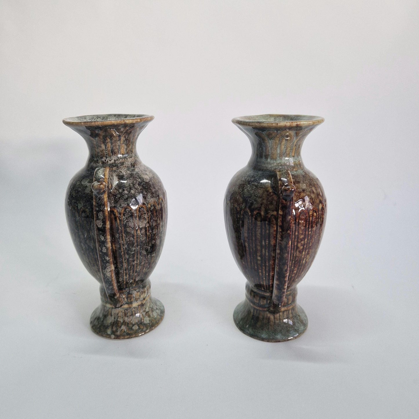 Vintage Grecian Urns: Brown & Grey Mottled Dripware Glaze, Mid Century Pair