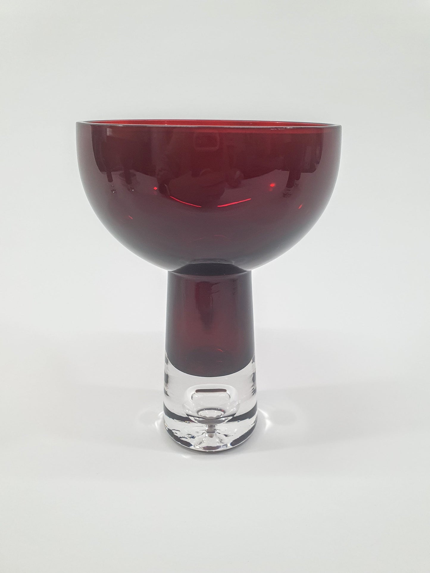 Vintage Krosno Red Art Glass Stemmed Candle Holder with Bubble Base, c1980s