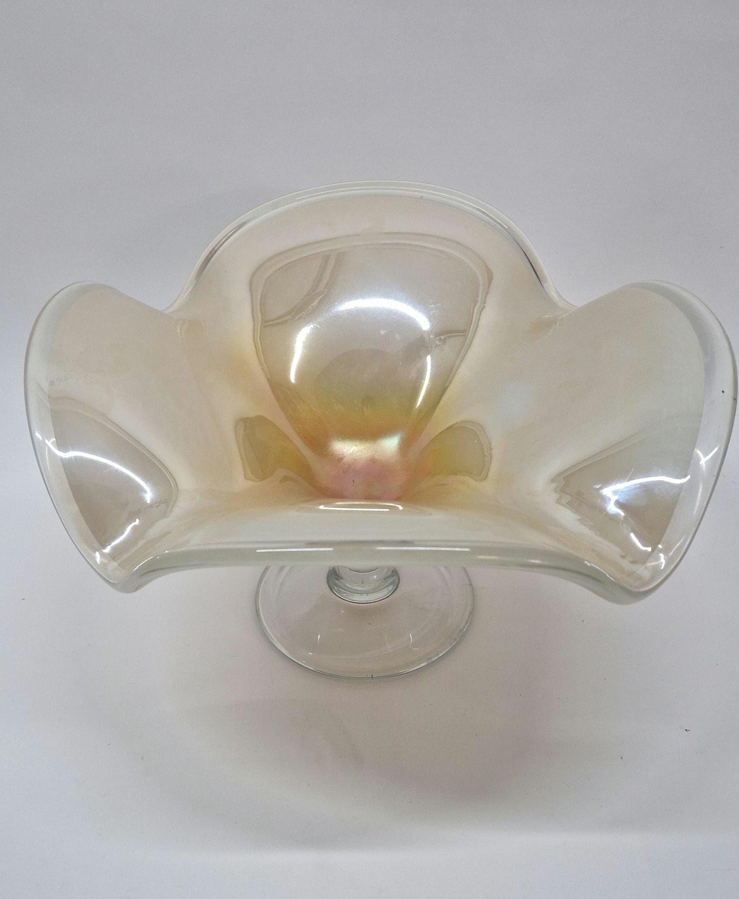 Vintage Wavy Pearlescent Glass Bowl, attributed to Tomarro, Murano Glass.