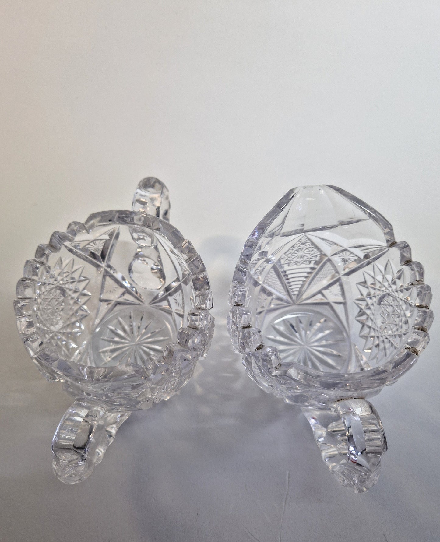 Vintage Hobstar Crystal Glass Sugar Bowl and Creamer. c1900-1920s