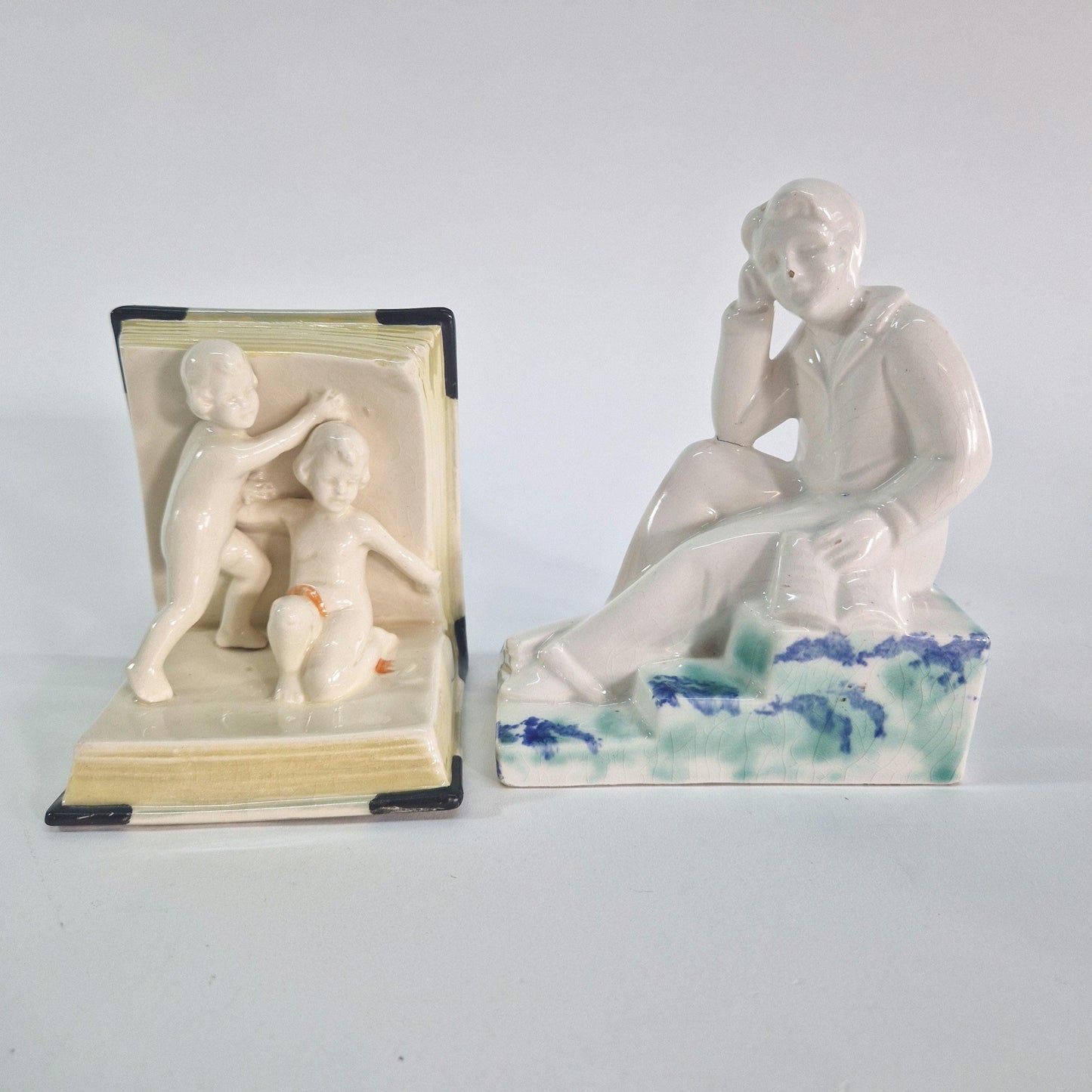 1930s Ornaments.  Jugendstil Children Bookend and German Thinking Man Bookend. Collectibles.  Ideal Stage props.