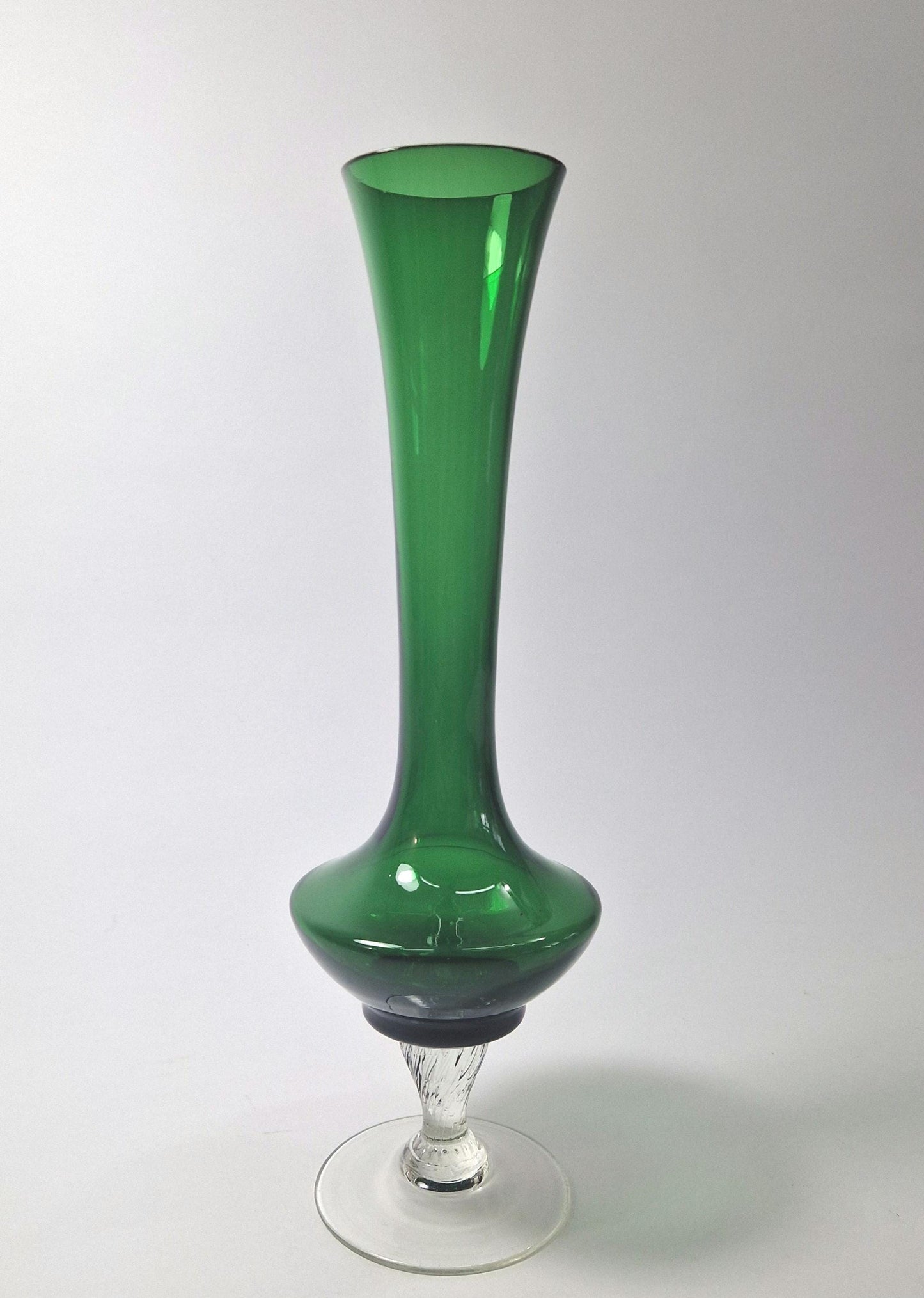 1960s Green Glass Fluted Vase with Clear Spiral Stem and Base. Mid Century Modern.