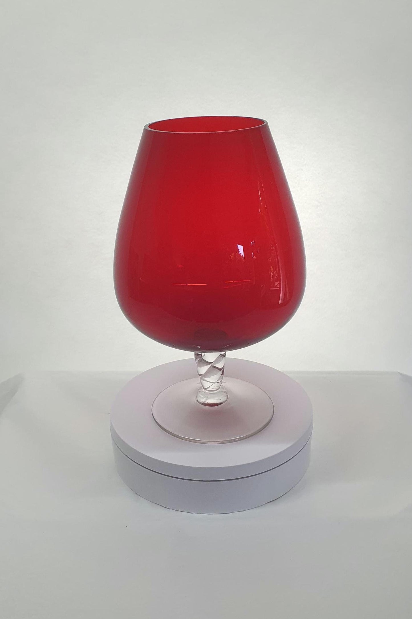Oversized Red Brandy Snifter Glass with Clear Twisted Stem and Base. c1960s