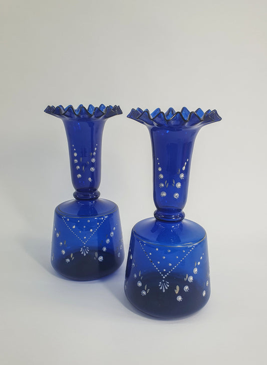 Pair of  Art Nouveau Bristol Blue Vases with Lily of the Valley flowers. 1890-1910